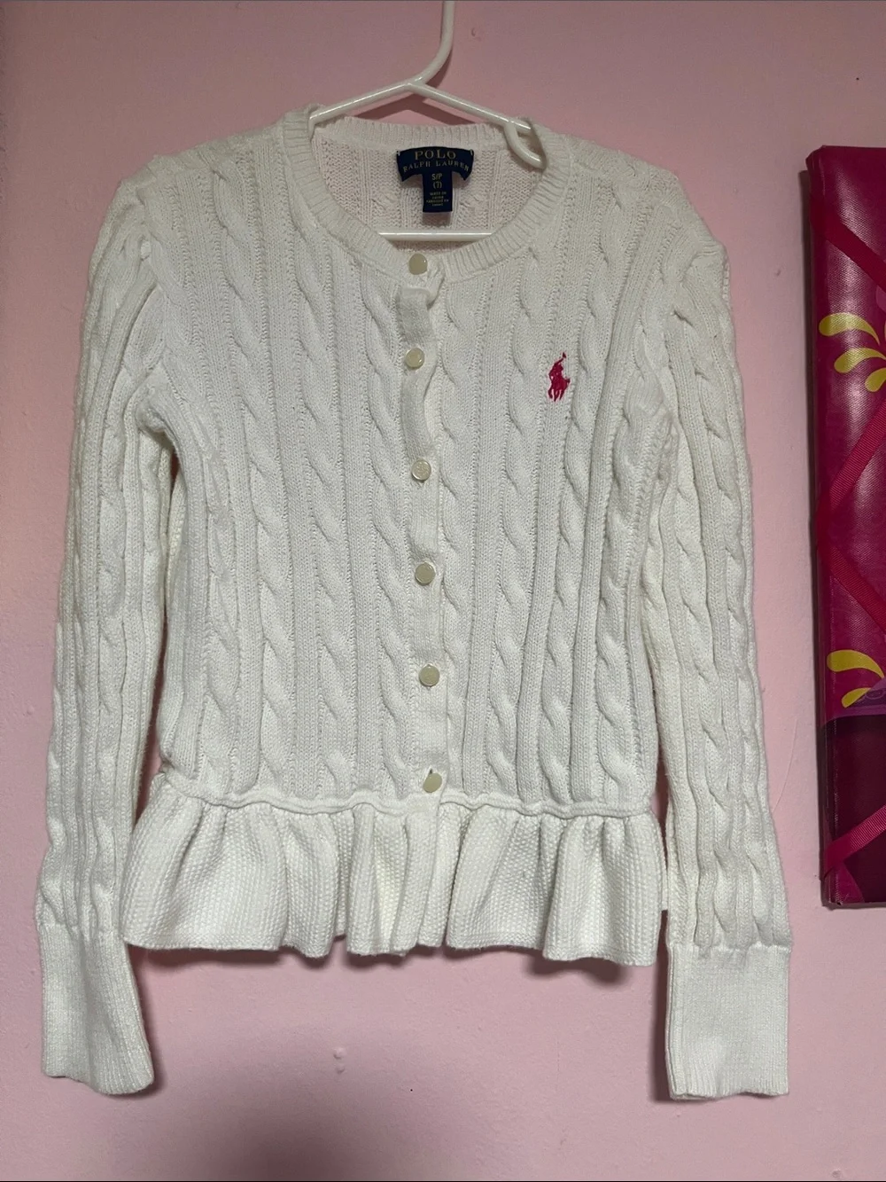 Ralph Lauren Cream Cable-Knit Button Front Cardigan with Peplum